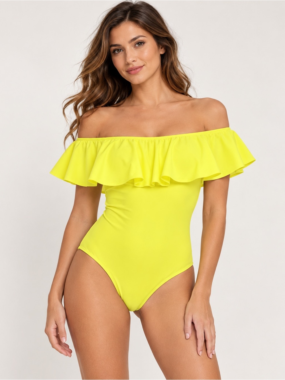 Topshop Neon Yellow Ruffle Off-Shoulder One-Piece Swimsuit or bodysuit size 8